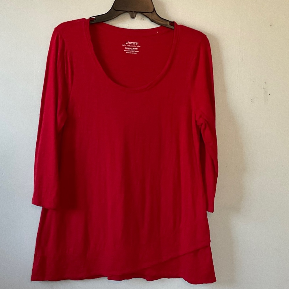 Chico's Bright Red Scoop-Neck 3/4 Sleeve Layered Hem Top